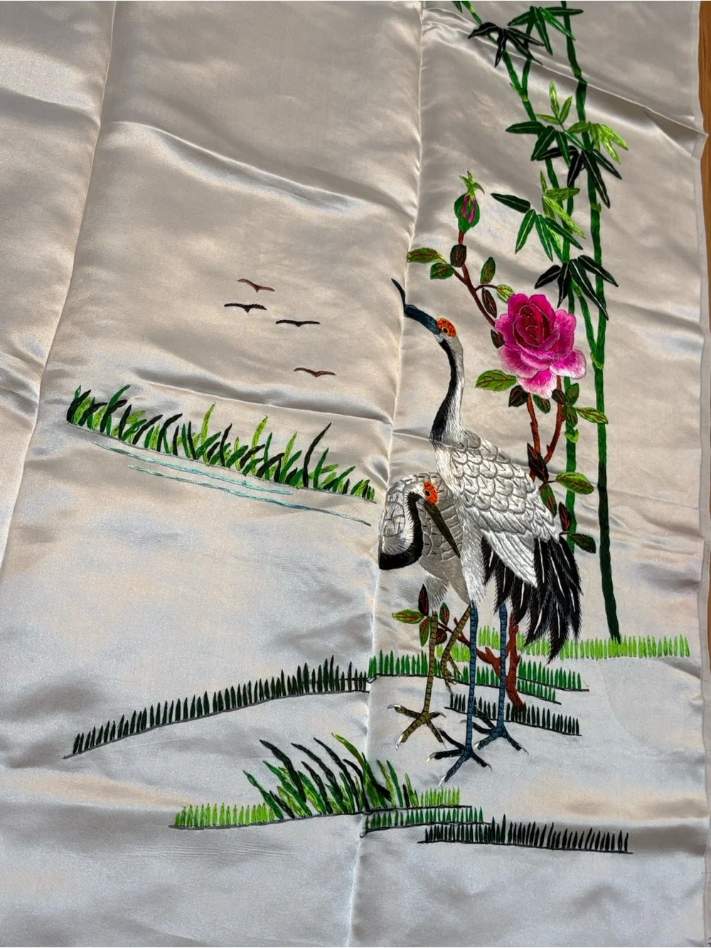 Vintage Chinese Silk Embroidered Crane & Floral Panel